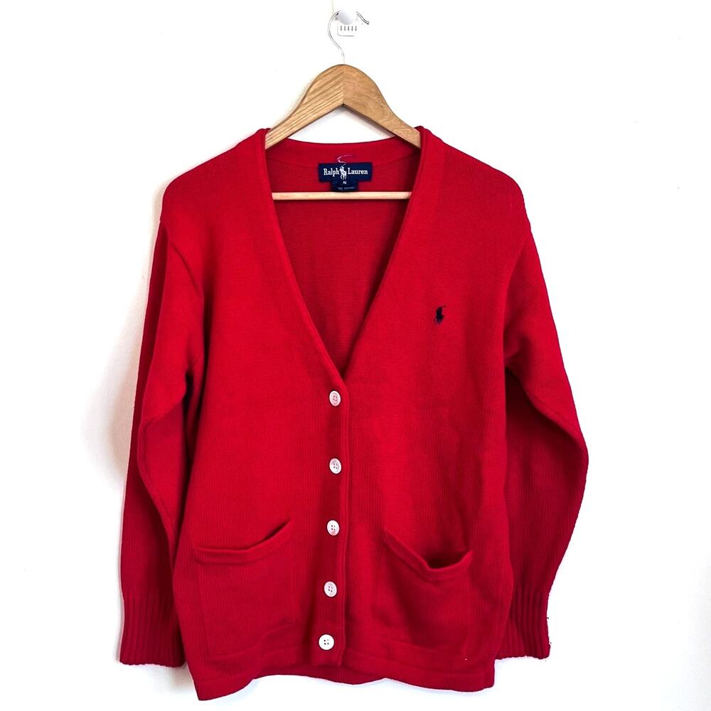 Vintage Ralph Lauren Preppy Mens Cardigan Sweater Size S Red Academia Ivy League